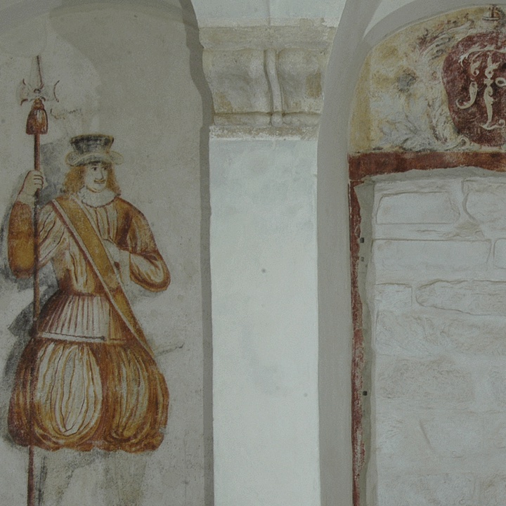 Ausschnitt der freigelegten und konservierten Wandmalereien (Gardisten, 18. Jh.), Festung Königstein, Torhaus/Westbebauung, Sachsen, Endzustand nach Konservierung/Restaurierung, 2014. Ausschnitt der freigelegten und konservierten Wandmalereien (Gardisten, 18. Jh.), Festung Königstein, Torhaus/Westbebauung, Sachsen, Endzustand nach Konservierung/Restaurierung, 2014.